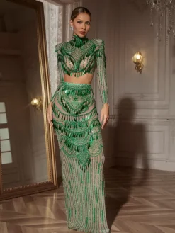 Sets & Co-ords|Embellishment*Embellishment Cythina Long Sleeve Sequin Skirt Set