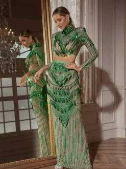 Sets & Co-ords|Embellishment*Embellishment Cythina Long Sleeve Sequin Skirt Set