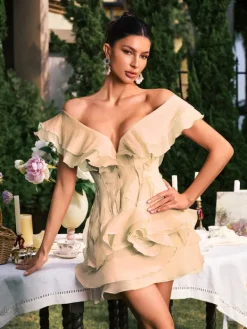 Dresses|Mini Dresses*Mew Mews Fashion Dabney V Neck Ruffle Mini Dress In Champagne