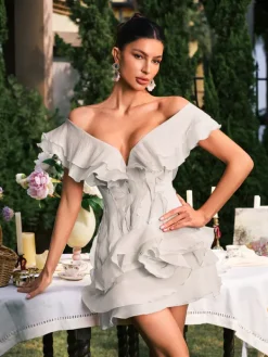 Mini Dresses|Dresses*Mew Mews Fashion Dabney V Neck Ruffle Mini Dress In Apricot
