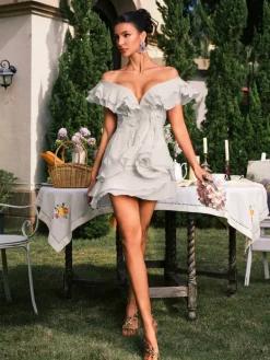 Mini Dresses|Dresses*Mew Mews Fashion Dabney V Neck Ruffle Mini Dress In Apricot