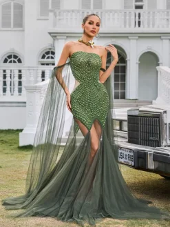 Embellishment|Dresses*Embellishment Daelis Off Shoulder Rhinestone Mesh Maxi Dress