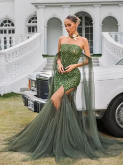 Embellishment|Dresses*Embellishment Daelis Off Shoulder Rhinestone Mesh Maxi Dress