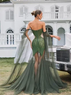 Embellishment|Dresses*Embellishment Daelis Off Shoulder Rhinestone Mesh Maxi Dress
