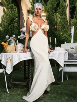 Dresses|Maxi Dresses*Mew Mews Fashion Dagr Backless Flower Cutout Satin Maxi Dress
