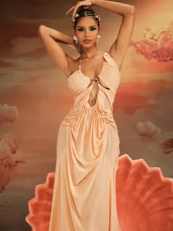 Dresses|Maxi Dresses*Mew Mews Fashion Daiki Halterneck Ruched Maxi Dress In Apricot