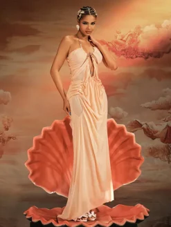 Dresses|Maxi Dresses*Mew Mews Fashion Daiki Halterneck Ruched Maxi Dress In Apricot