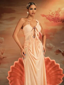 Dresses|Maxi Dresses*Mew Mews Fashion Daiki Halterneck Ruched Maxi Dress In Apricot