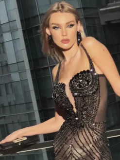Embellishment|Dresses*Embellishment Daire Rhinestone Feather Mermaid Mesh Dress