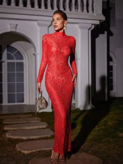 Dresses|Maxi Dresses*Mew Mews Fashion Damien Long Sleeve Lace Maxi Dress In Red