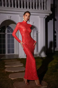 Dresses|Maxi Dresses*Mew Mews Fashion Damien Long Sleeve Lace Maxi Dress In Red
