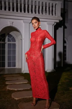 Dresses|Maxi Dresses*Mew Mews Fashion Damien Long Sleeve Lace Maxi Dress In Red