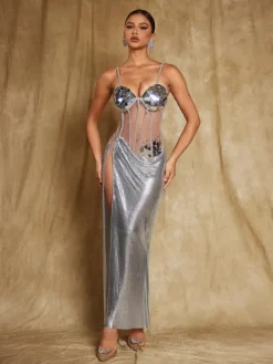 Dresses|Maxi Dresses*Mew Mews Fashion O/S Damla Spaghetti Acrylic Chainmail Split Dress