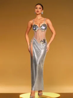 Dresses|Maxi Dresses*Mew Mews Fashion O/S Damla Spaghetti Acrylic Chainmail Split Dress