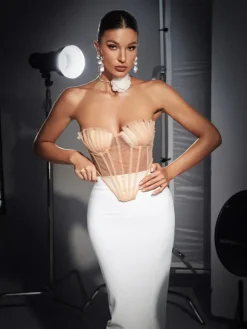 Tops*Mew Mews Fashion Dana Shell Mesh Lace Up Corset Top In Beige