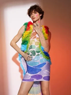 Embellishment|Dresses*Nuo Fansi Danny Rainbow Rhinestone Mesh Dress With Vest
