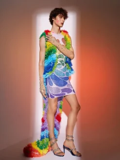 Embellishment|Dresses*Nuo Fansi Danny Rainbow Rhinestone Mesh Dress With Vest