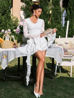 Dresses|Mini Dresses*Mew Mews Fashion Dareh V Neck Flower Lace Draped Mini Dress