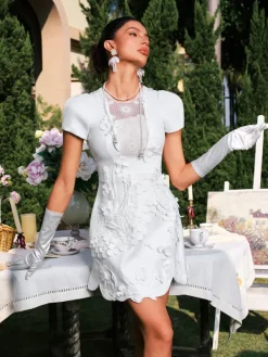 Mini Dresses|Dresses*Mew Mews Fashion Darice Short Sleeve Flower Pearl Mini Dress