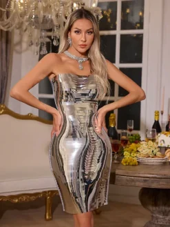Embellishment|Dresses*Embellishment Darold Strapless Metal Mini Dress In Silver