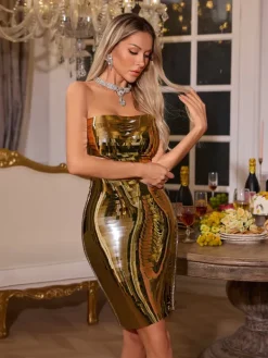 Embellishment|Dresses*Embellishment Darold Strapless Metal Mini Dress In Gold
