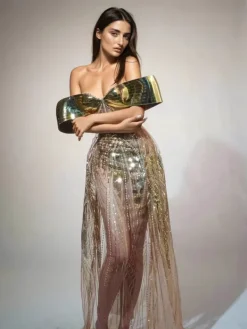 Dresses|Maxi Dresses*Jiu Bajia O/S Daryle Off Shoulder Sequin Split Maxi Dress