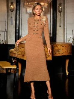 Dresses|Midi Dresses*Mew Mews Fashion Datherine Long Sleeve Tweed Midi Dress