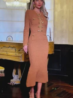 Dresses|Midi Dresses*Mew Mews Fashion Datherine Long Sleeve Tweed Midi Dress