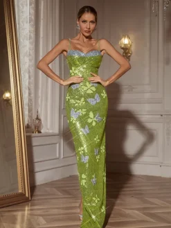 Embellishment|Dresses*Lu Yili Dayshaun Butterfly Rhinestone Sequin Maxi Dress