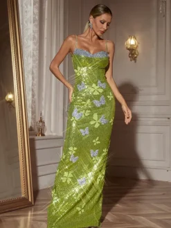 Embellishment|Dresses*Lu Yili Dayshaun Butterfly Rhinestone Sequin Maxi Dress