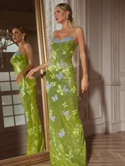 Embellishment|Dresses*Lu Yili Dayshaun Butterfly Rhinestone Sequin Maxi Dress