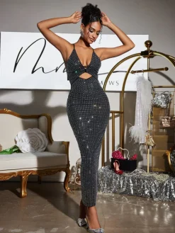 Dresses|Maxi Dresses*Mew Mews Fashion Denali Halterneck Hollow Rhinestone Midi Dress In Black