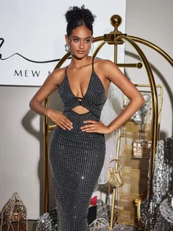 Dresses|Maxi Dresses*Mew Mews Fashion Denali Halterneck Hollow Rhinestone Midi Dress In Black
