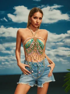 Beaded Wear|Tops*Mew Mews Fashion O/S Dextra Halterneck Gemstone Beaded Bralette