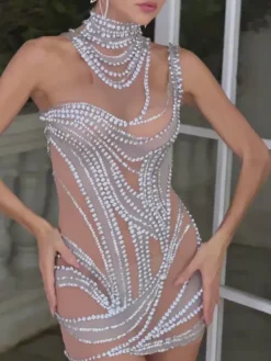 Dresses|Mini Dresses*Jiu Bajia O/S Didier Printed Rhinestone Cutout Mini Dress