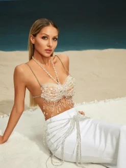 Beaded Wear|Tops*Mew Mews Fashion O/S Didrika Fringe Gemstone Beaded Bralette