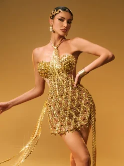 Embellishment|Dresses*Embellishment Diego Rhinestone Fringe Mini Dress In Gold