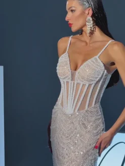 Embellishment|Dresses*Lu Yili Dion Spaghetti Pearl Embellished Sequin Dress