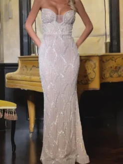 Embellishment|Dresses*Lu Yili Donoma Strapless Pearl Maxi Dress
