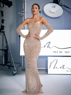 Embellishment|Dresses*Embellishment Douglas Strapless Rhinestone Maxi Dress With Gloves