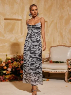 Dresses|Midi Dresses*Mew Mews Fashion Drynthia Spaghetti Zebra Midi Dress In Grey