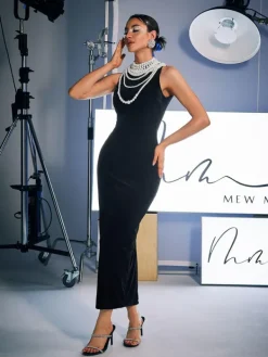 Dresses|Maxi Dresses*Mew Mews Fashion Dustin High Neck Pearl Embellished Maxi Dress