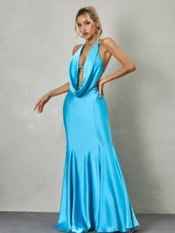 Dresses*Mew Mews Fashion Dymphna Draped Neck Satin Maxi Dress