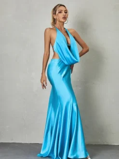 Dresses*Mew Mews Fashion Dymphna Draped Neck Satin Maxi Dress