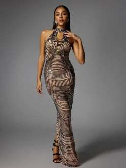 Dresses|Maxi Dresses*Jiu Bajia O/S Dyrrik Halterneck Rhinestone Chain Mesh Maxi Dress