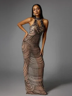 Dresses|Maxi Dresses*Jiu Bajia O/S Dyrrik Halterneck Rhinestone Chain Mesh Maxi Dress