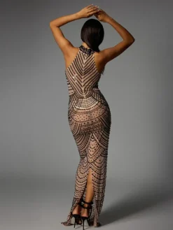 Dresses|Maxi Dresses*Jiu Bajia O/S Dyrrik Halterneck Rhinestone Chain Mesh Maxi Dress