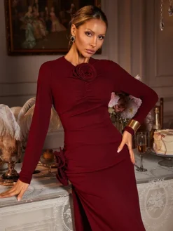 Dresses|Midi Dresses*Mew Mews Fashion Ebrill Long Sleeve Flower Split Midi Dress