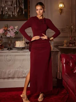 Dresses|Midi Dresses*Mew Mews Fashion Ebrill Long Sleeve Flower Split Midi Dress