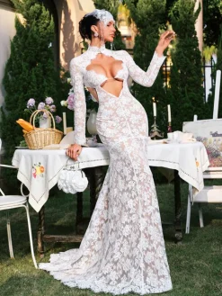 Dresses|Maxi Dresses*Mew Mews Fashion Edalene Long Slevee Flower Cutout Lace Maxi Dress